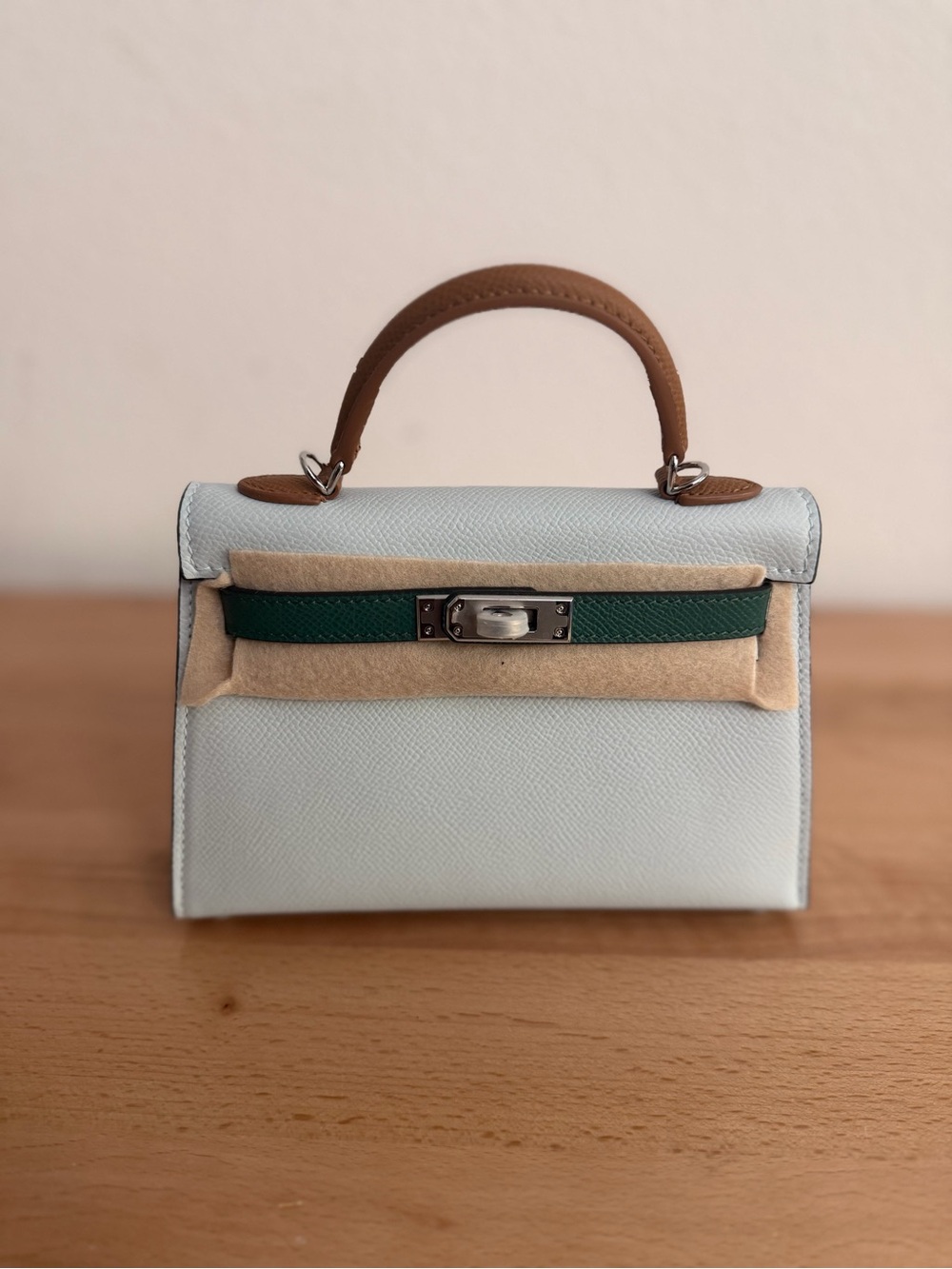 Tricolor white Brume green Vert Jade tan Gold PHW machine stitched Epsom sellier - Picture 5 of 9